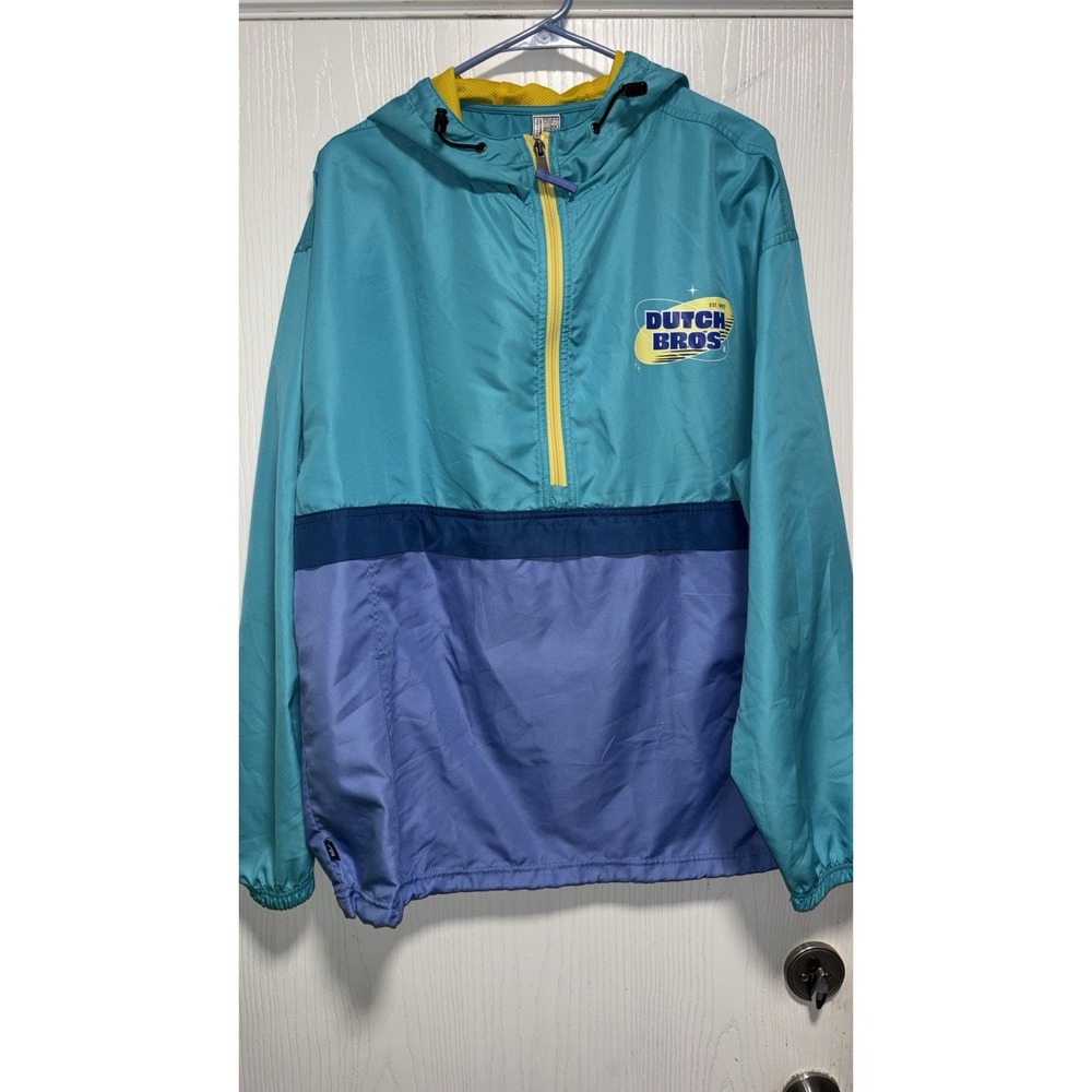 Dutch Bros Jacket Mens XL Blue Teal Hooded 1/4 Zip Windbreaker Colorblock Logo